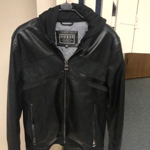 Mens faux leather hooded jacket